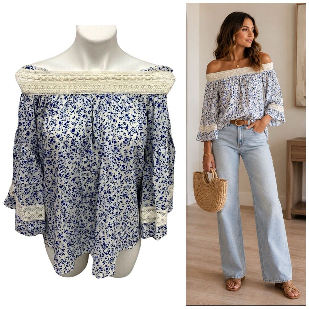 Vintage Havana Top Womens Small Boho Bell Sleeve Cottage Beach Blue Floral Lace